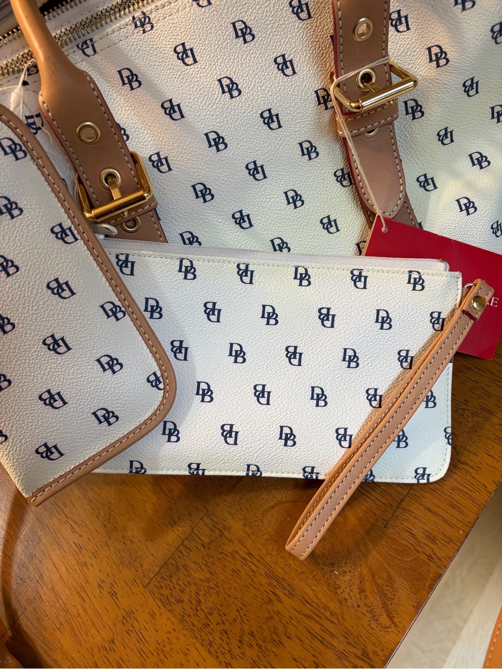 Dooney & Bourke Monogram Satchel with Tan Trim and Navy Logos - Picture 5 of 11